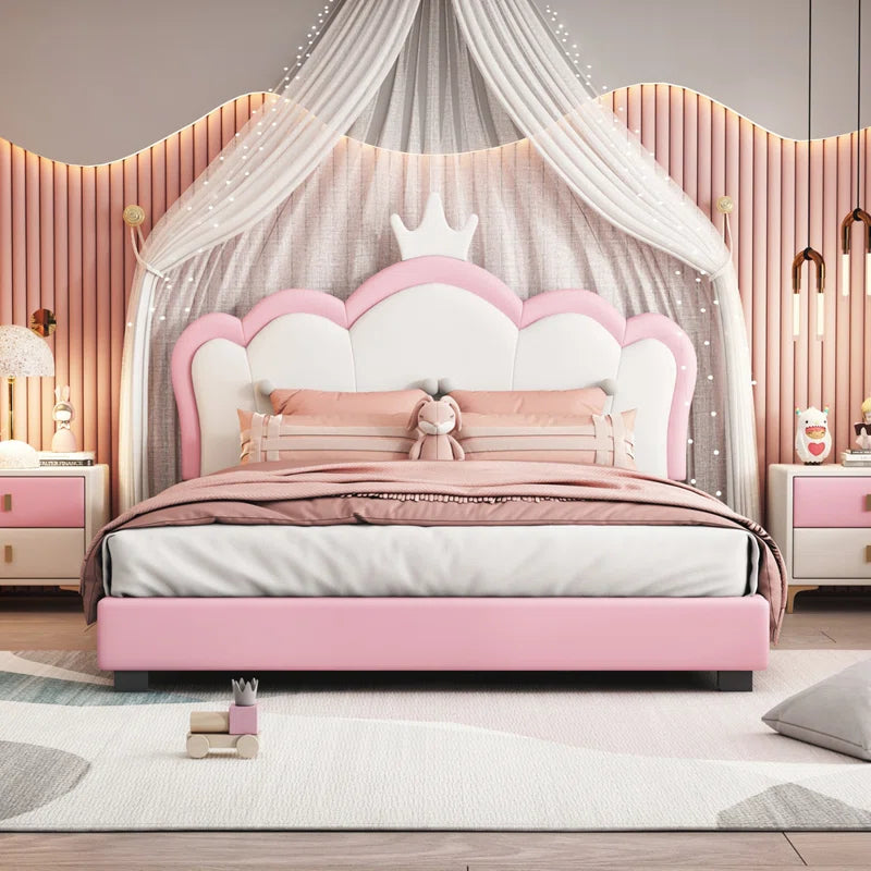 E-Furniture Microsoft Office White and Gold Upholstered Bed – Elegant Fabric Platform Bed