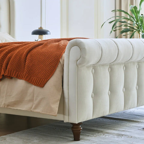 Regal Elegance with the E-Furniture Queen Size Velvet Upholstered Sleigh Bed In Cream Color