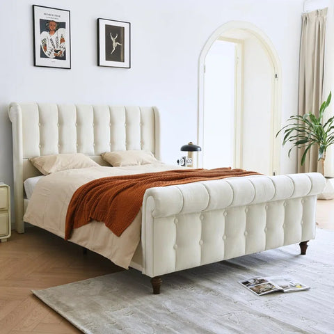 Regal Elegance with the E-Furniture King Size Velvet Upholstered Sleigh Bed In Cream Color