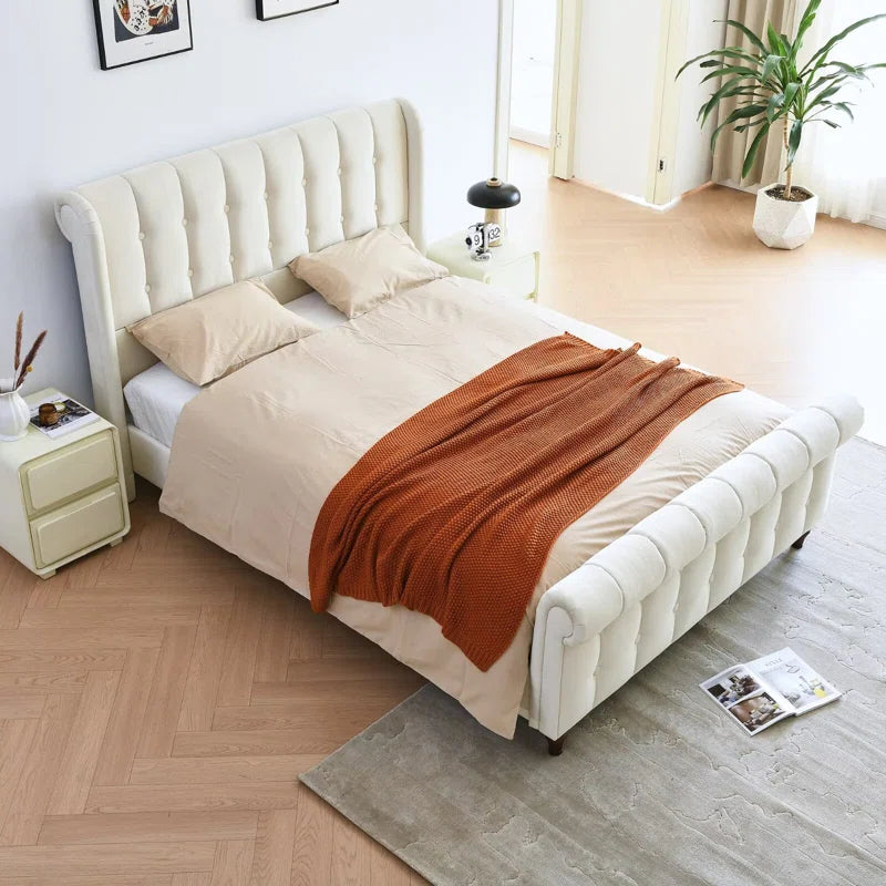 Regal Elegance with the E-Furniture Queen Size Velvet Upholstered Sleigh Bed In Cream Color