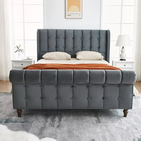 Regal Elegance with the E-Furniture Queen Size Velvet Upholstered Sleigh Bed In Grey Color