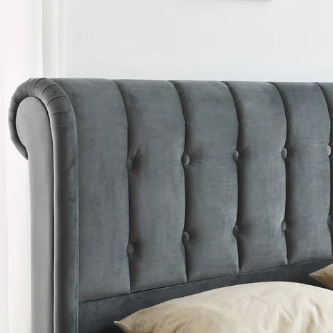 Regal Elegance with the E-Furniture King Size Velvet Upholstered Sleigh Bed In Grey Color