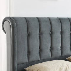 Regal Elegance with the E-Furniture Queen Size Velvet Upholstered Sleigh Bed In Grey Color