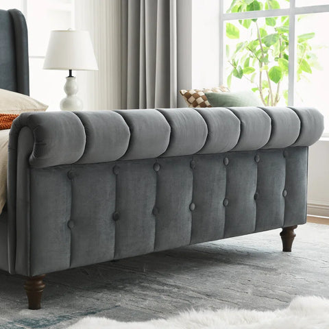 Regal Elegance with the E-Furniture Queen Size Velvet Upholstered Sleigh Bed In Grey Color
