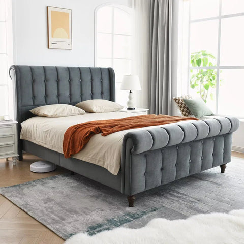 Regal Elegance with the E-Furniture King Size Velvet Upholstered Sleigh Bed In Grey Color