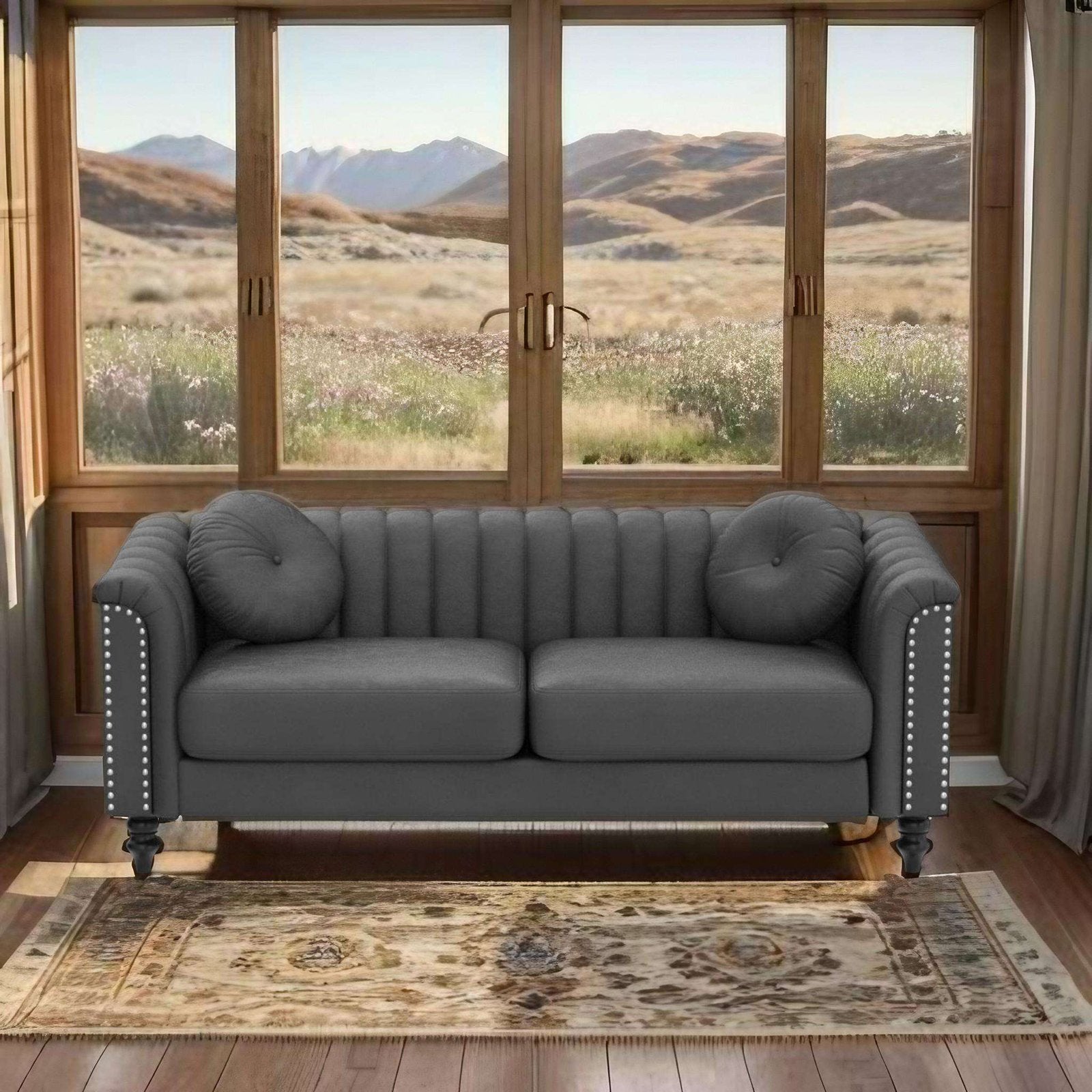 E-FURNITURE Luther 3 seater couch velvet Finish In Grey Colour Grey