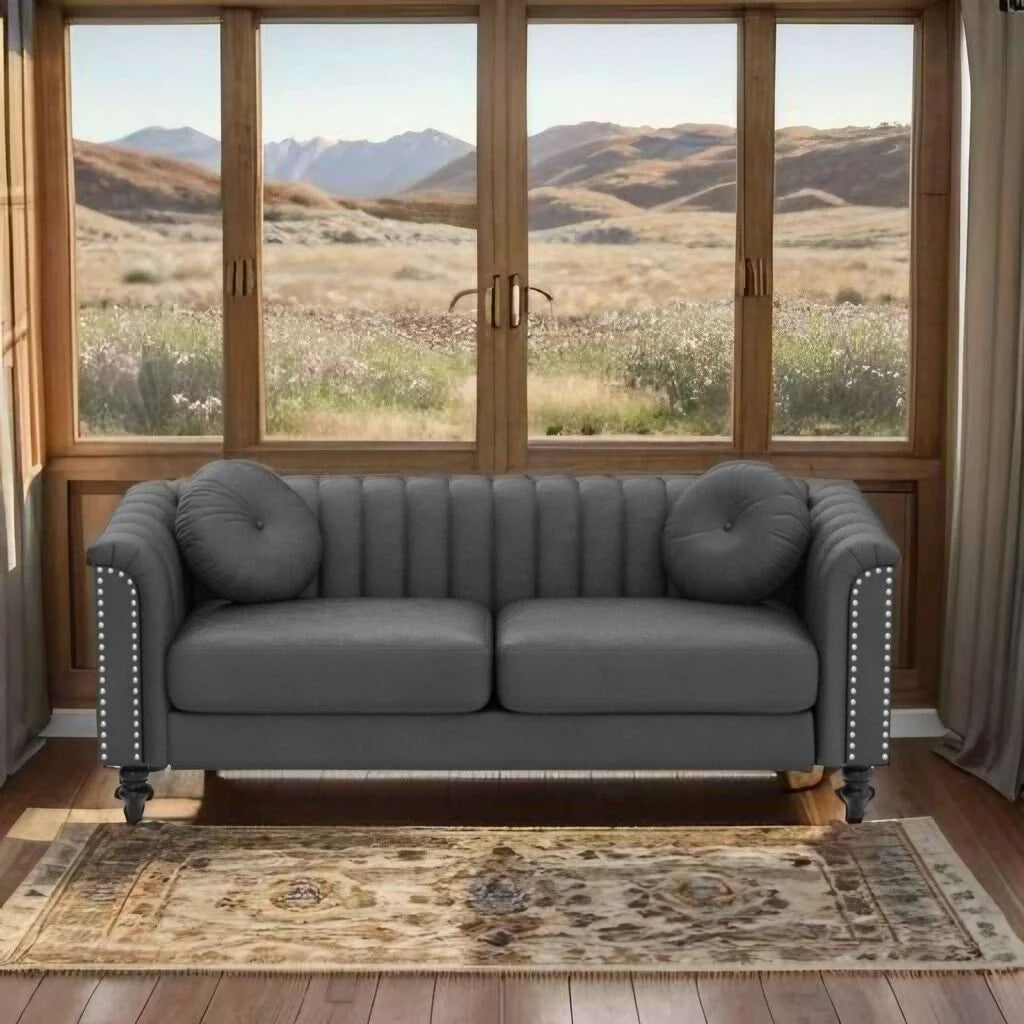 E-FURNITURE Luther 3 seater couch velvet Finish In Grey Colour Grey