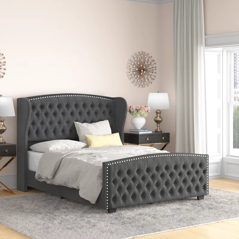 Montana Luxury king size Velvet Teak Wood Bed with Wingback Headboard | Customizable