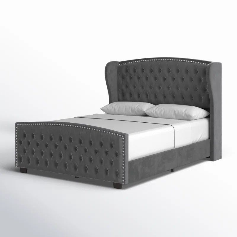 Montana Luxury king size Velvet Teak Wood Bed with Wingback Headboard | Customizable
