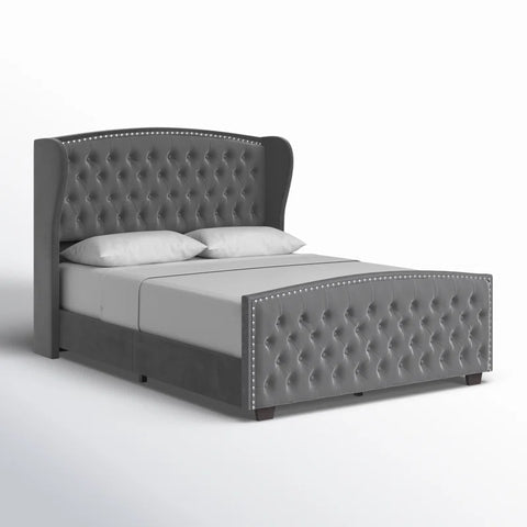 Montana Luxury king size Velvet Teak Wood Bed with Wingback Headboard | Customizable