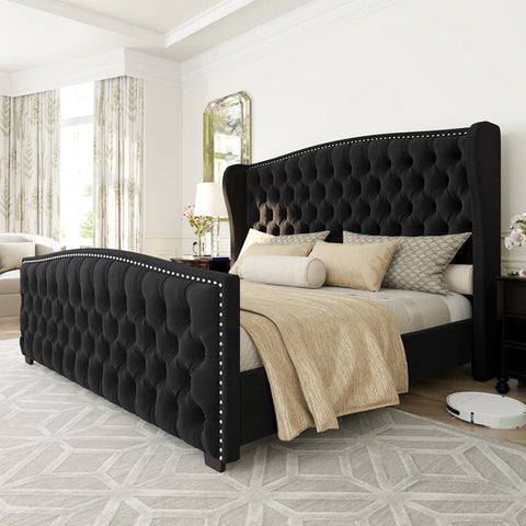 Master Luxury king size Velvet Teak Wood Bed with Wingback Headboard | Customizable