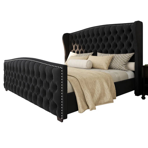 Master Luxury Queen size Velvet Teak Wood Bed with Wingback Headboard | Customizable (Copy)