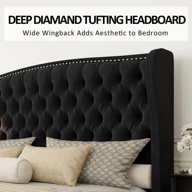 Master Luxury king size Velvet Teak Wood Bed with Wingback Headboard | Customizable