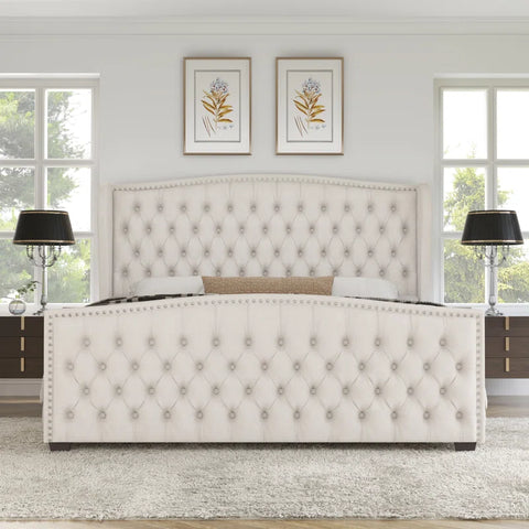 Neom Luxury king size Velvet Teak Wood Bed with Wingback Headboard | Customizable