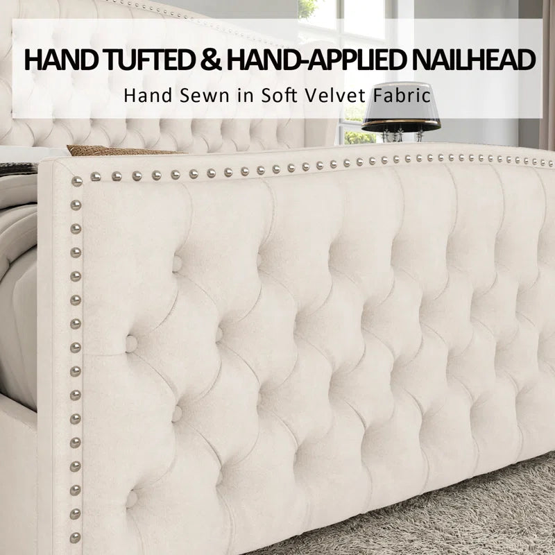 Neom Luxury king size Velvet Teak Wood Bed with Wingback Headboard | Customizable