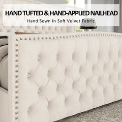Neom Luxury king size Velvet Teak Wood Bed with Wingback Headboard | Customizable
