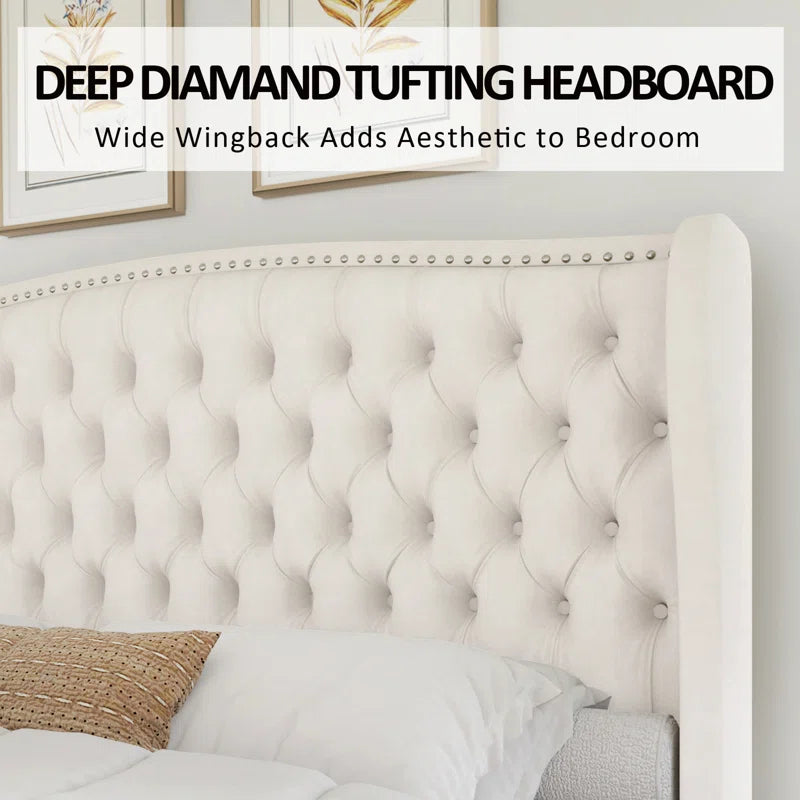 Neom Luxury king size Velvet Teak Wood Bed with Wingback Headboard | Customizable