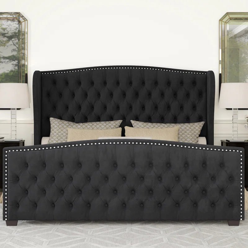 Master Luxury king size Velvet Teak Wood Bed with Wingback Headboard | Customizable