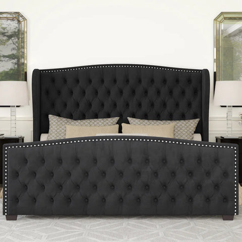 Master Luxury Queen size Velvet Teak Wood Bed with Wingback Headboard | Customizable (Copy)