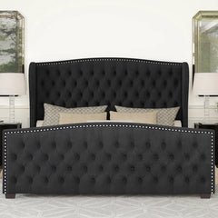 Master Luxury king size Velvet Teak Wood Bed with Wingback Headboard | Customizable