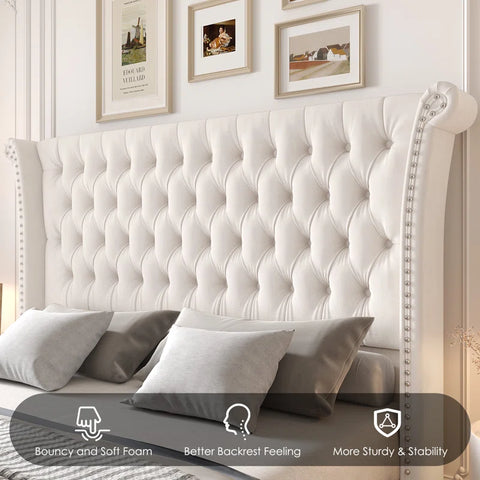 Regal Velvet Queen Bed with Winged Headboard and Button Tufting