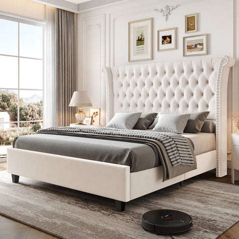 Regal Velvet Queen Bed with Winged Headboard and Button Tufting