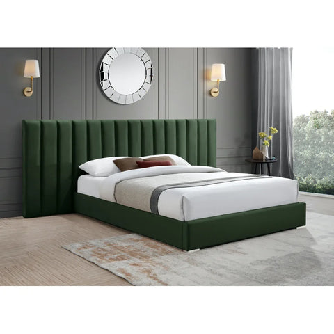 E-Furniture Luxury Upholstered Bed with Velvet Headboard, Teak Wood Frame In Green color
