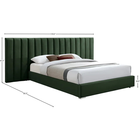 E-Furniture Luxury Upholstered Bed with Velvet Headboard, Teak Wood Frame In Green color