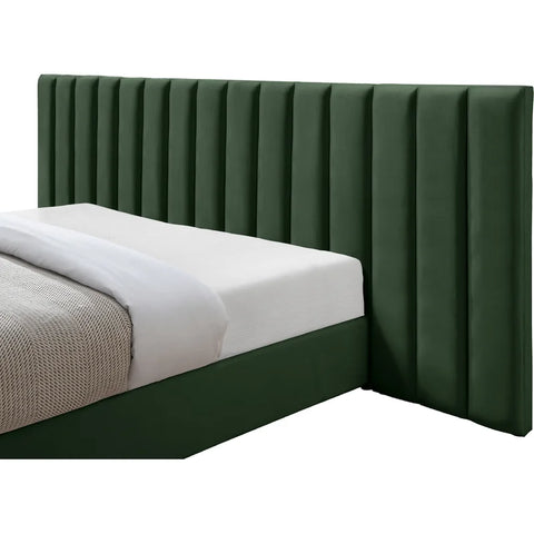 E-Furniture Luxury Upholstered Bed with Velvet Headboard, Teak Wood Frame In Green color