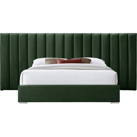 E-Furniture Luxury Upholstered Bed with Velvet Headboard, Teak Wood Frame In Green color