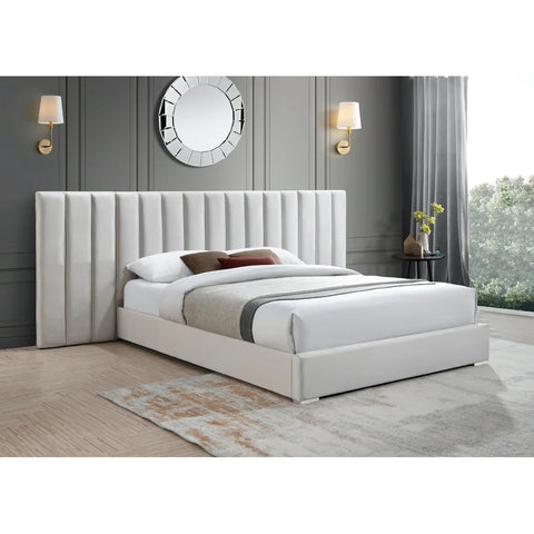 E-Furniture Luxury Upholstered Bed with Velvet Headboard, Teak Wood Frame