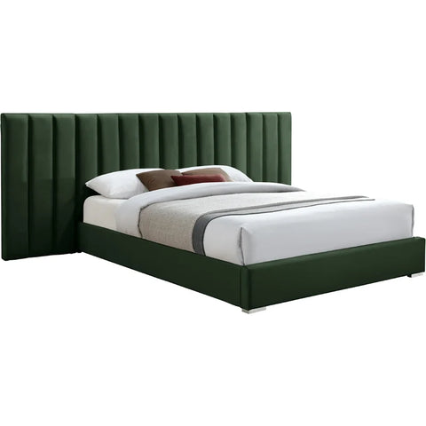 E-Furniture Luxury Upholstered Bed with Velvet Headboard, Teak Wood Frame In Green color