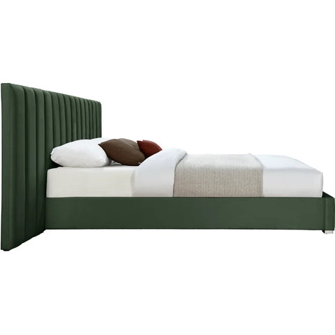 E-Furniture Luxury Upholstered Bed with Velvet Headboard, Teak Wood Frame In Green color