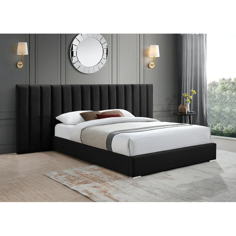 E-Furniture Luxury Upholstered Bed with Velvet Headboard, Teak Wood Frame In Grey color