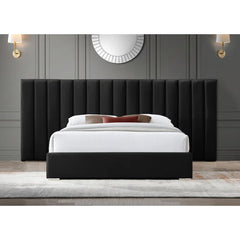 E-Furniture Luxury Upholstered Bed with Velvet Headboard, Teak Wood Frame In Grey color