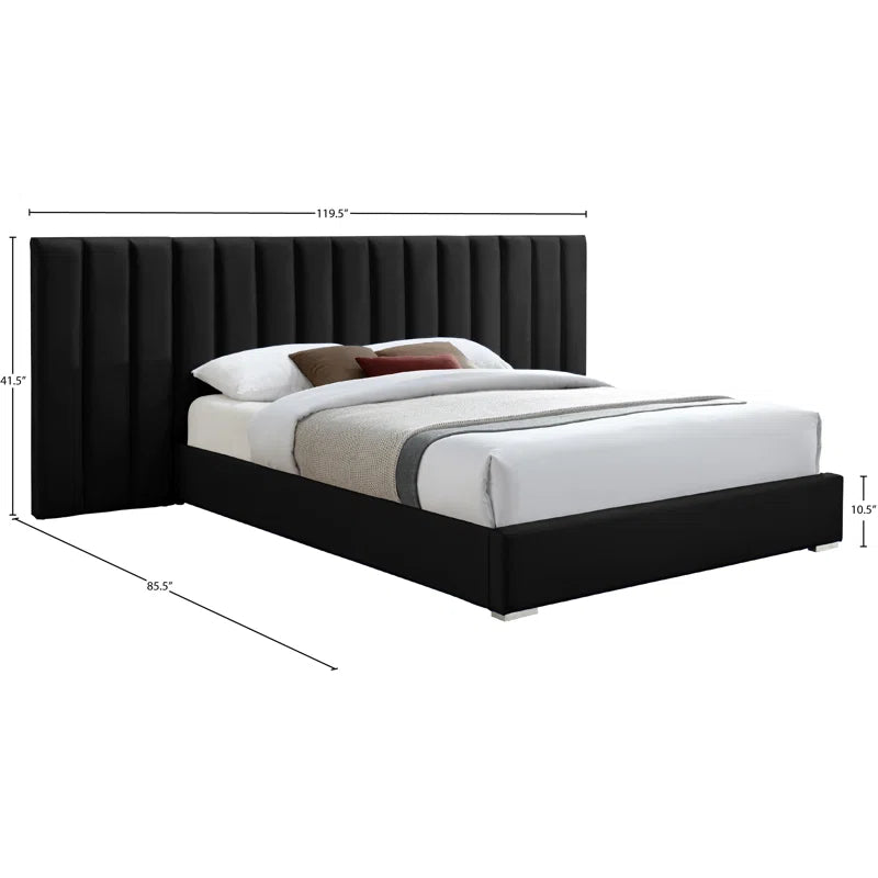 E-Furniture Luxury Upholstered Bed with Velvet Headboard, Teak Wood Frame In Grey color