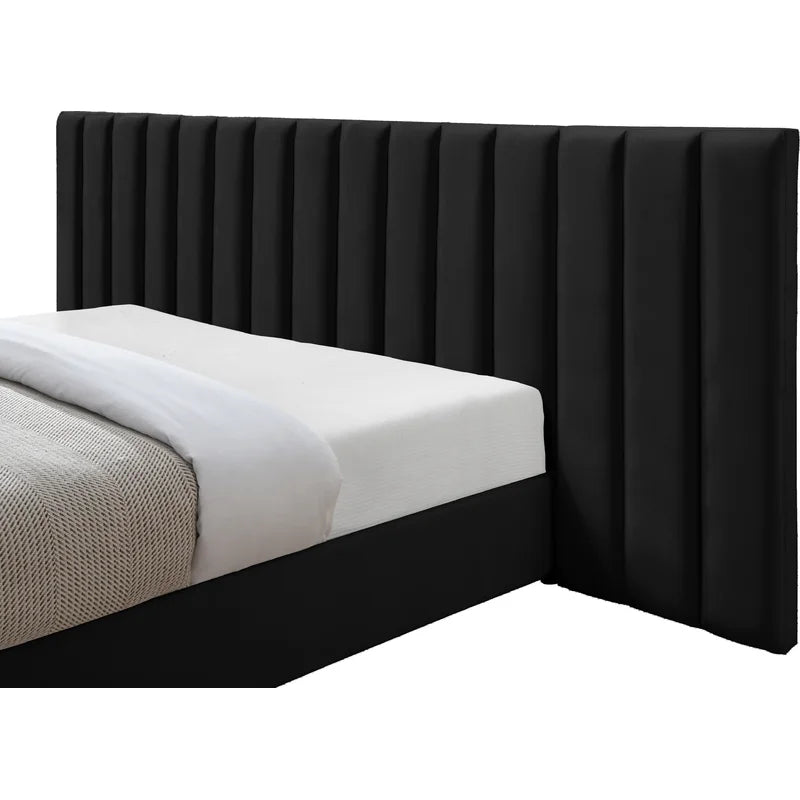 E-Furniture Luxury Upholstered Bed with Velvet Headboard, Teak Wood Frame In Grey color