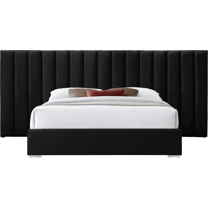 E-Furniture Luxury Upholstered Bed with Velvet Headboard, Teak Wood Frame In Grey color