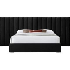 E-Furniture Luxury Upholstered Bed with Velvet Headboard, Teak Wood Frame In Grey color