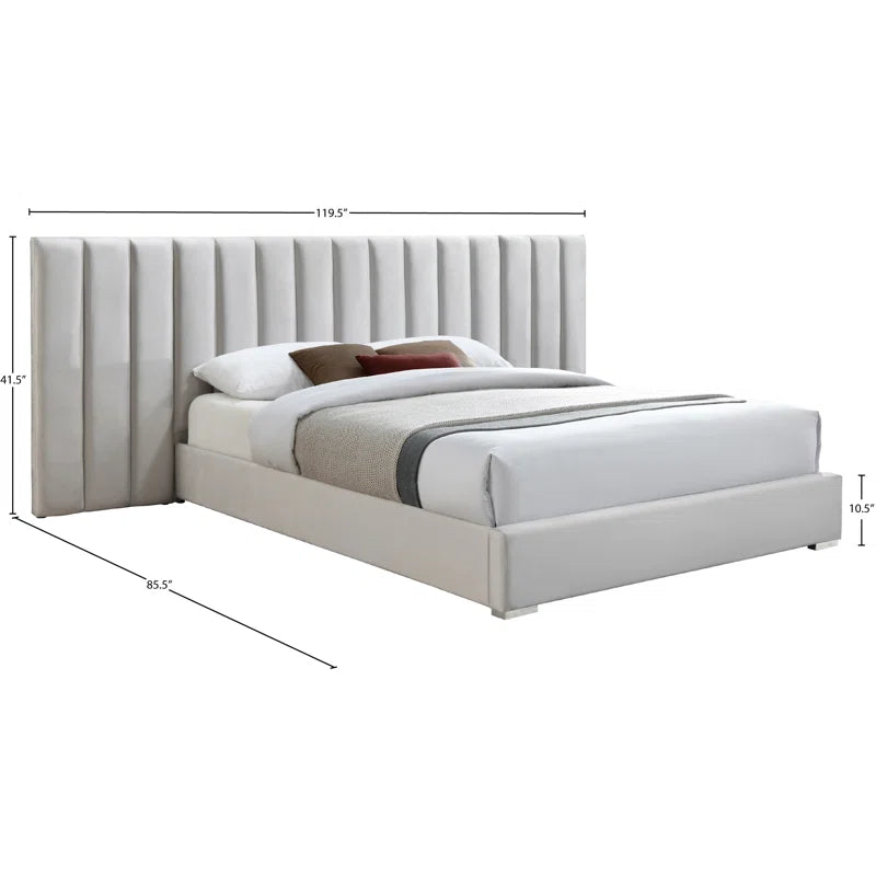 E-Furniture Luxury Upholstered Bed with Velvet Headboard, Teak Wood Frame