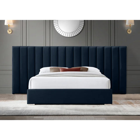 E-Furniture Luxury Upholstered Bed with Velvet Headboard, Teak Wood Frame In Blue color