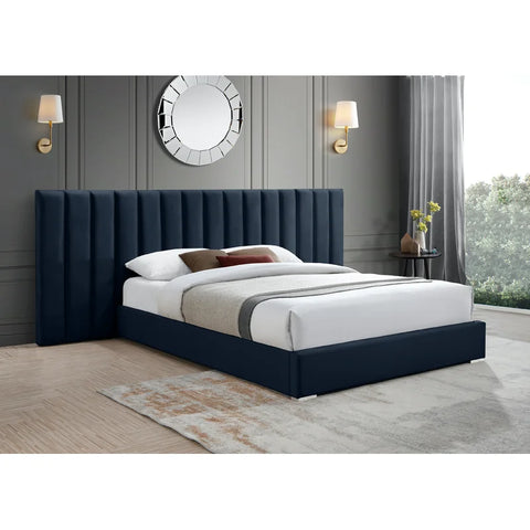 E-Furniture Luxury Upholstered Bed with Velvet Headboard, Teak Wood Frame In Blue color