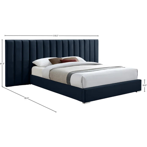 E-Furniture Luxury Upholstered Bed with Velvet Headboard, Teak Wood Frame In Blue color