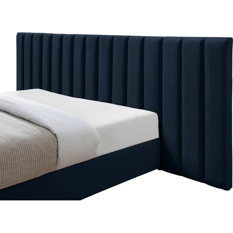 E-Furniture Luxury Upholstered Bed with Velvet Headboard, Teak Wood Frame In Blue color