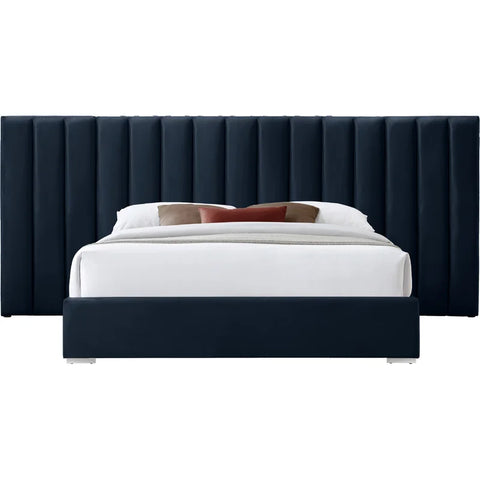 E-Furniture Luxury Upholstered Bed with Velvet Headboard, Teak Wood Frame In Blue color