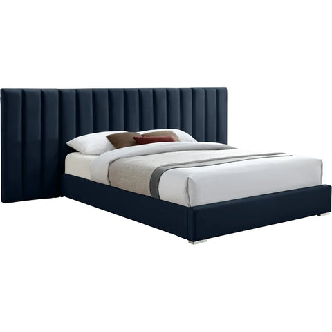 E-Furniture Luxury Upholstered Bed with Velvet Headboard, Teak Wood Frame In Blue color
