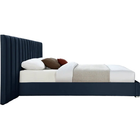 E-Furniture Luxury Upholstered Bed with Velvet Headboard, Teak Wood Frame In Blue color