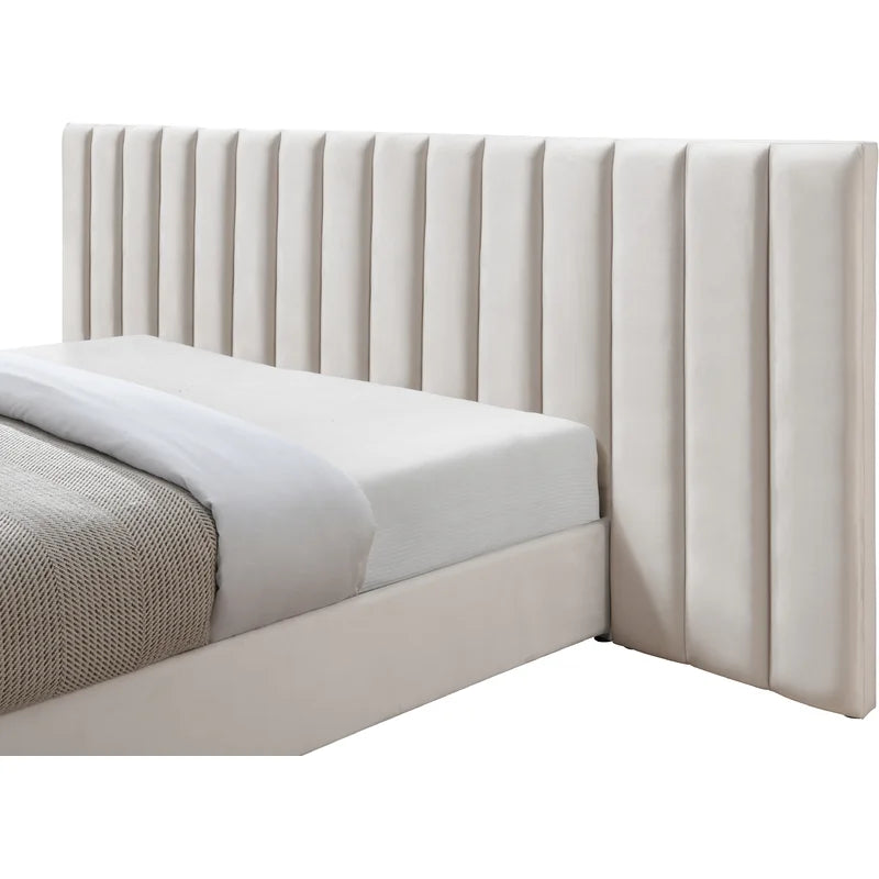 E-Furniture Luxury Upholstered Bed with Velvet Headboard, Teak Wood Frame