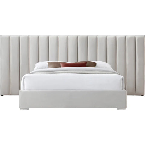 E-Furniture Luxury Upholstered Bed with Velvet Headboard, Teak Wood Frame