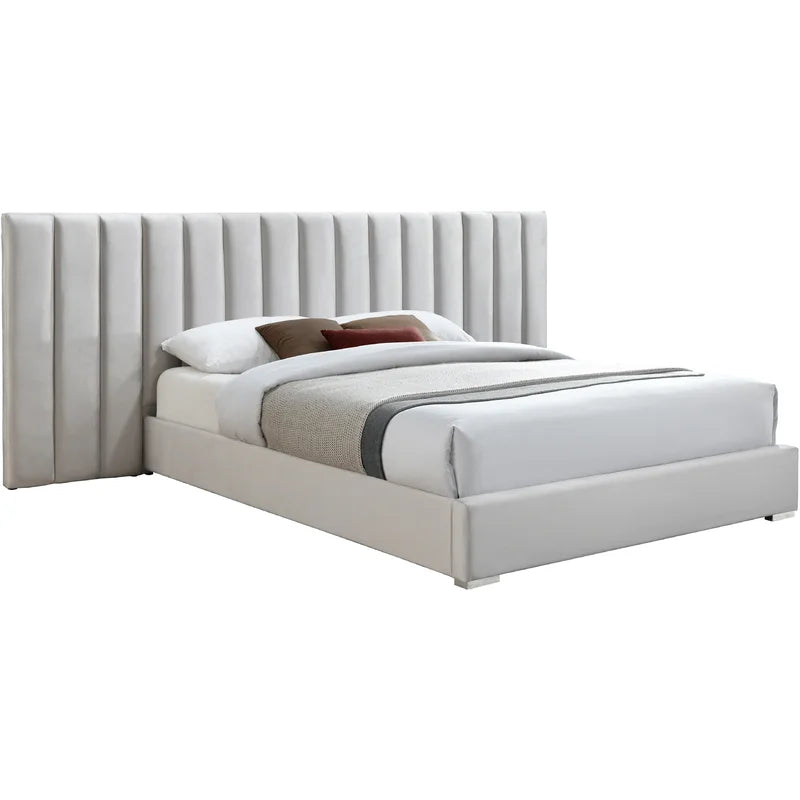 E-Furniture Luxury Upholstered Bed with Velvet Headboard, Teak Wood Frame